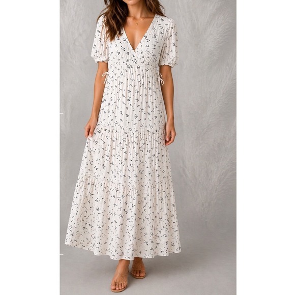 saltwater LUXE Dresses & Skirts - Saltwater Luxe Recycled Viscose Floral Maxi Dress V-Neck Tiered Cream S2161-W392